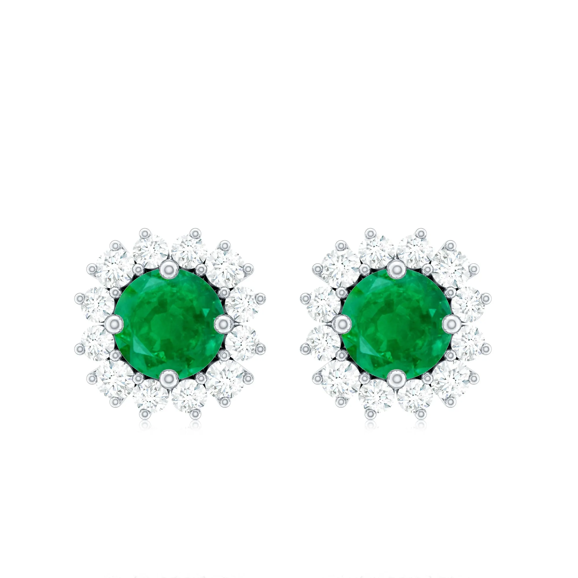 1 CT Emerald and Diamond Halo Stud Earrings