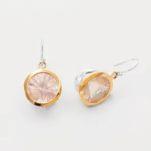 10mm Round Rose Quartz Bezel Dangle Earrings in Sterling Silver & 14kt Yellow Gold