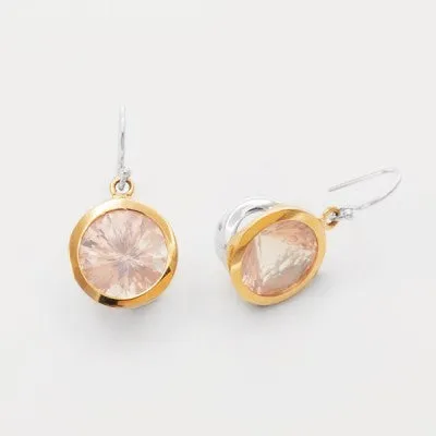 10mm Round Rose Quartz Bezel Dangle Earrings in Sterling Silver & 14kt Yellow Gold