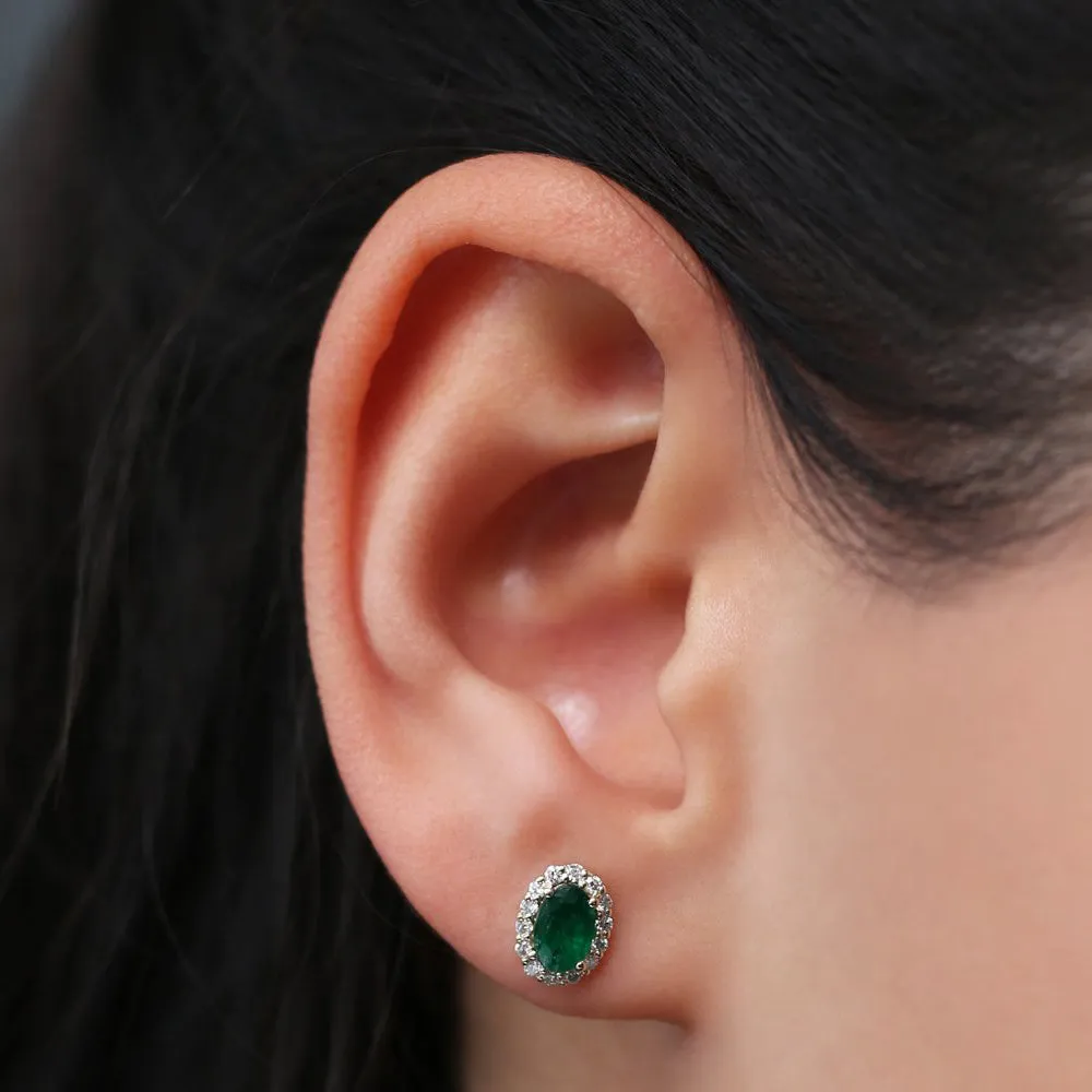 14k Gold Oval Cut Emerald Diamond Earrings
