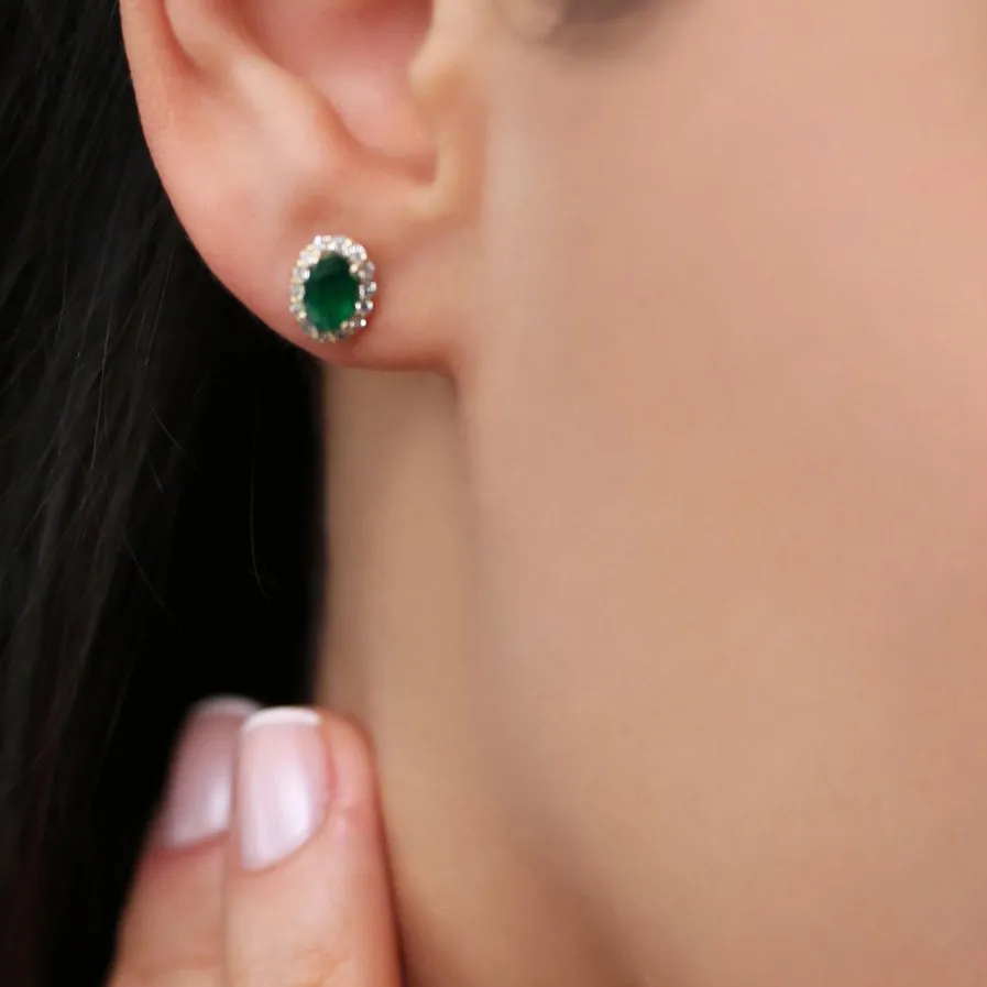14k Gold Oval Cut Emerald Diamond Earrings