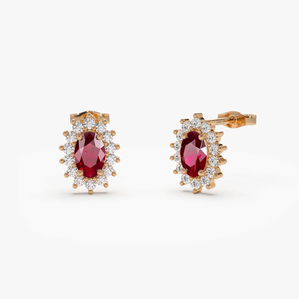 14k Oval Cut Ruby Earrings with Diamonds