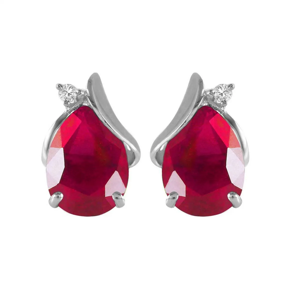 14K Solid White Gold Studs Earrings Natural Diamond & Ruby Gemstone
