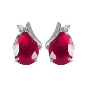 14K Solid White Gold Studs Earrings Natural Diamond & Ruby Gemstone