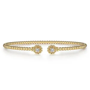 14K Yellow Gold Bujukan Split Cuff Bracelet with Diamond Flower Caps