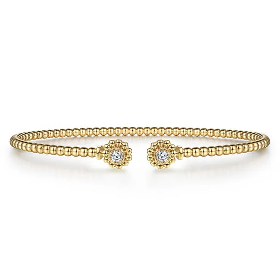 14K Yellow Gold Bujukan Split Cuff Bracelet with Diamond Flower Caps