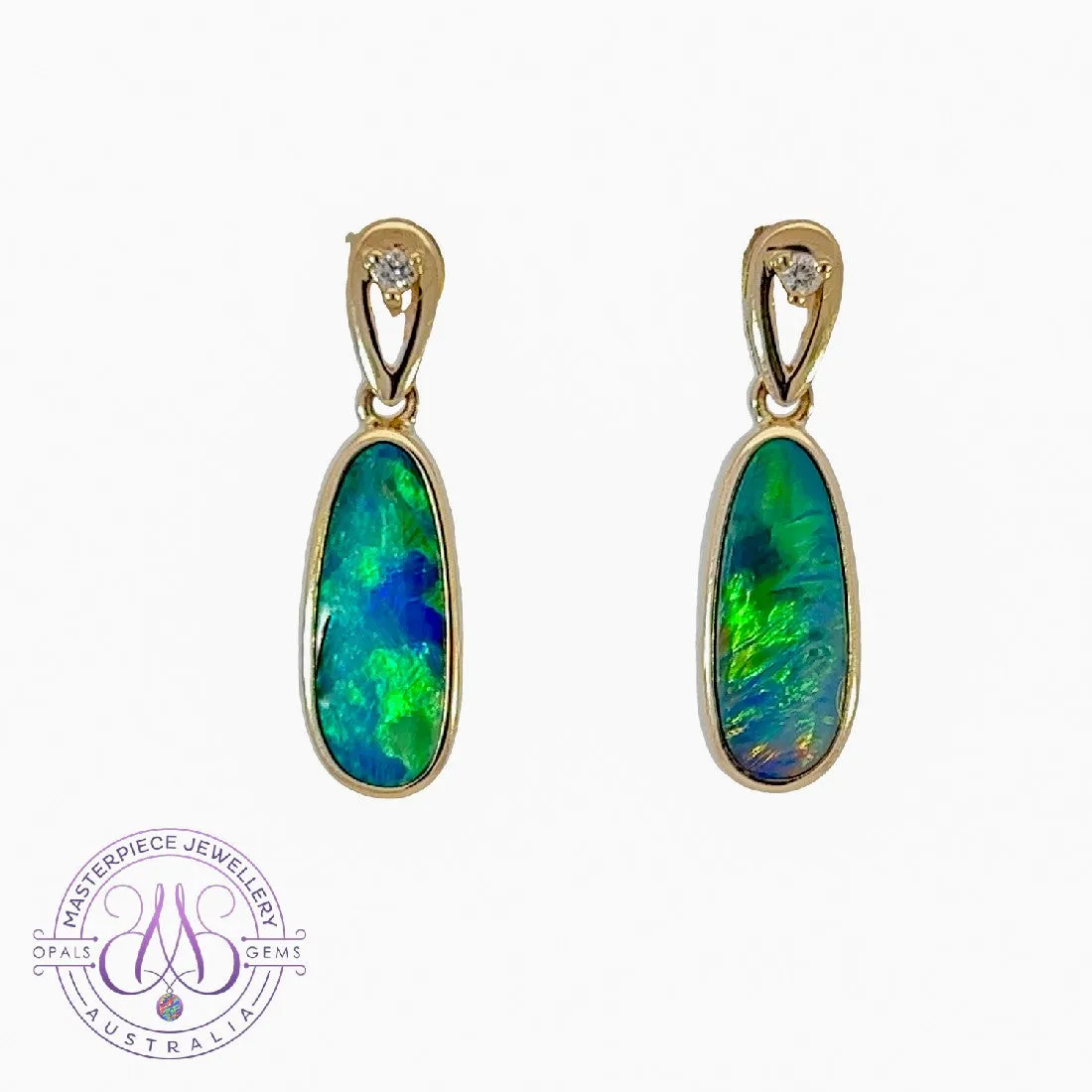 14kt Yellow Gold dangling earrings set with Opal doublets and diamonds