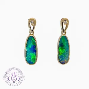14kt Yellow Gold dangling earrings set with Opal doublets and diamonds