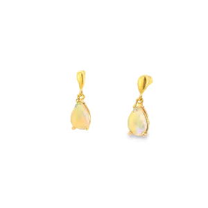 14kt Yellow Gold dangling pear shape 8x5mm Crystal Opal earrings