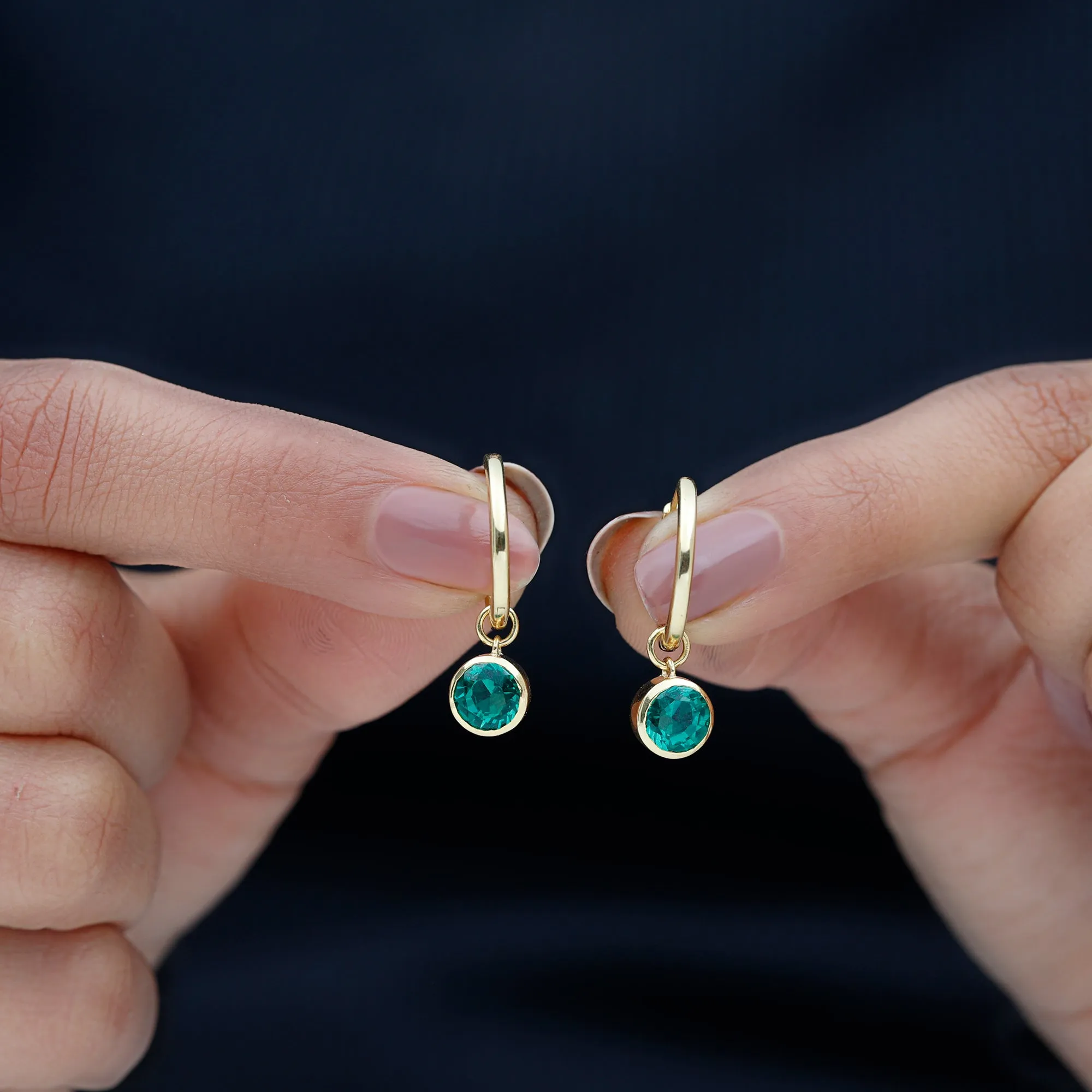 1.5 CT Bezel Set Created Emerald and Gold Hinged Hoop Earrings