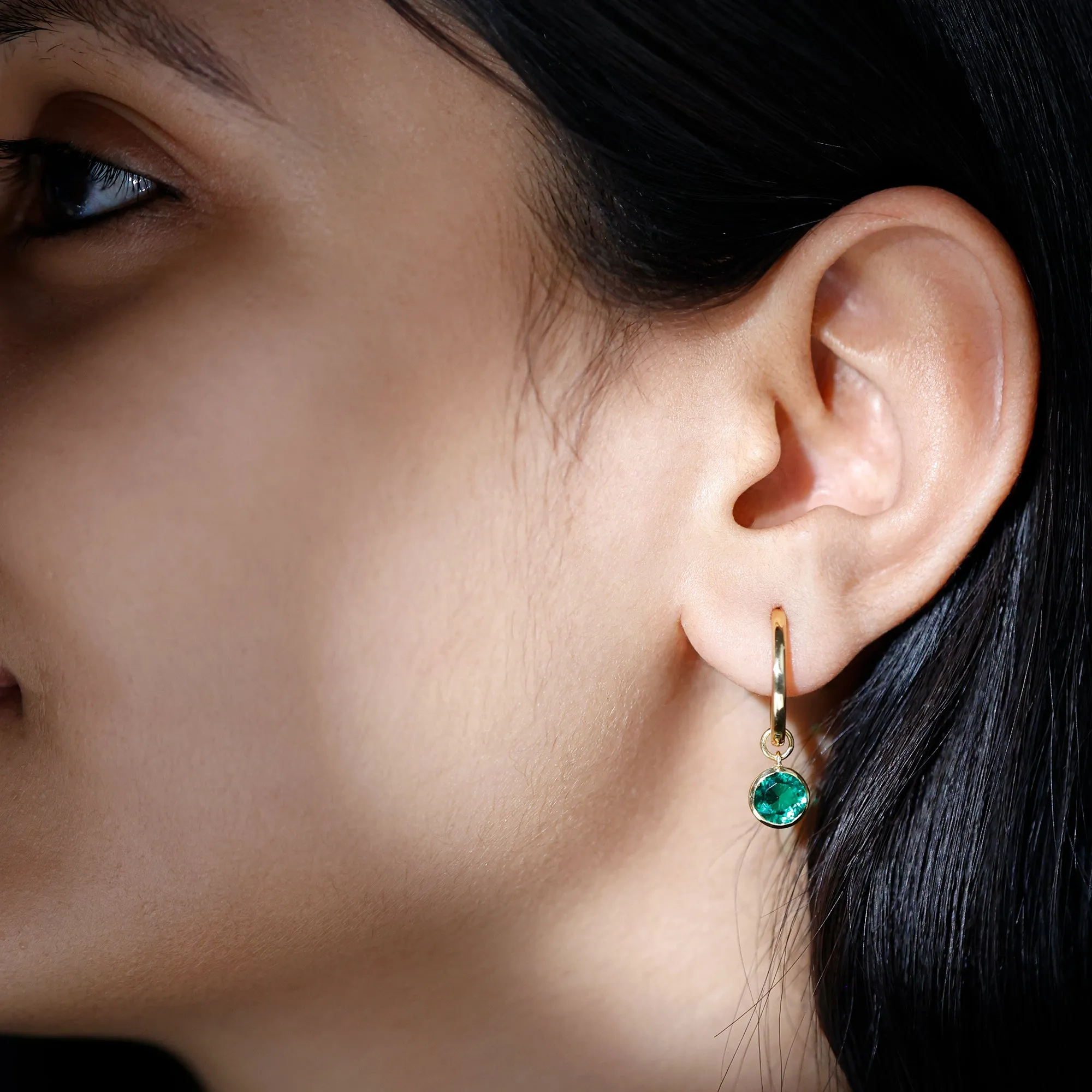 1.5 CT Bezel Set Created Emerald and Gold Hinged Hoop Earrings