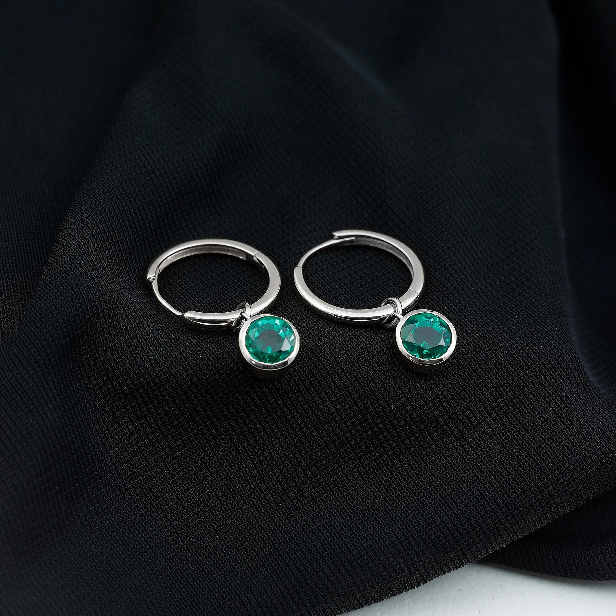 1.5 CT Bezel Set Created Emerald and Gold Hinged Hoop Earrings