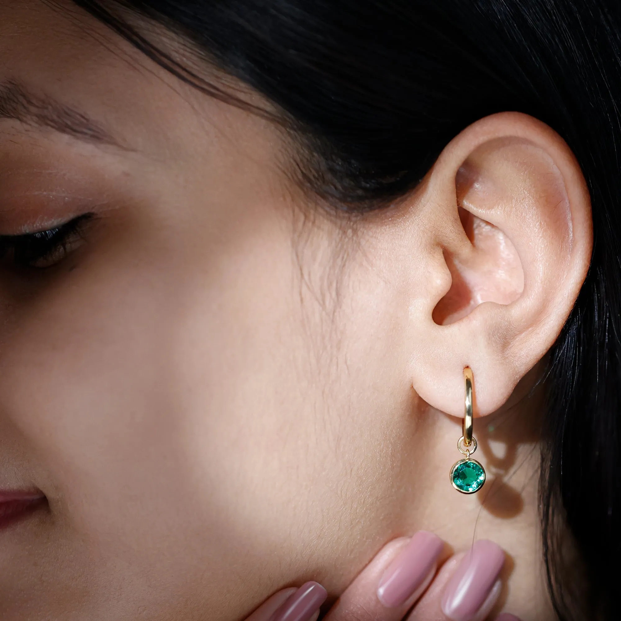 1.5 CT Bezel Set Created Emerald and Gold Hinged Hoop Earrings