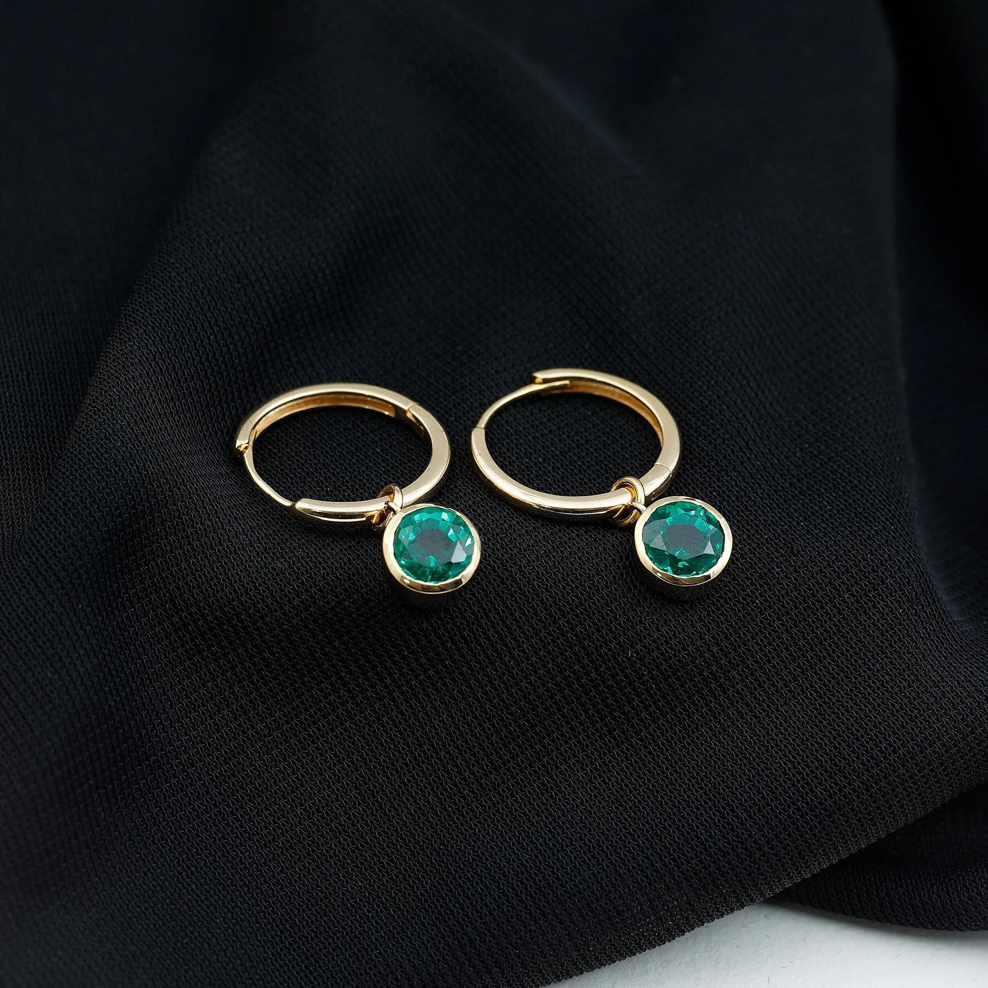 1.5 CT Bezel Set Created Emerald and Gold Hinged Hoop Earrings