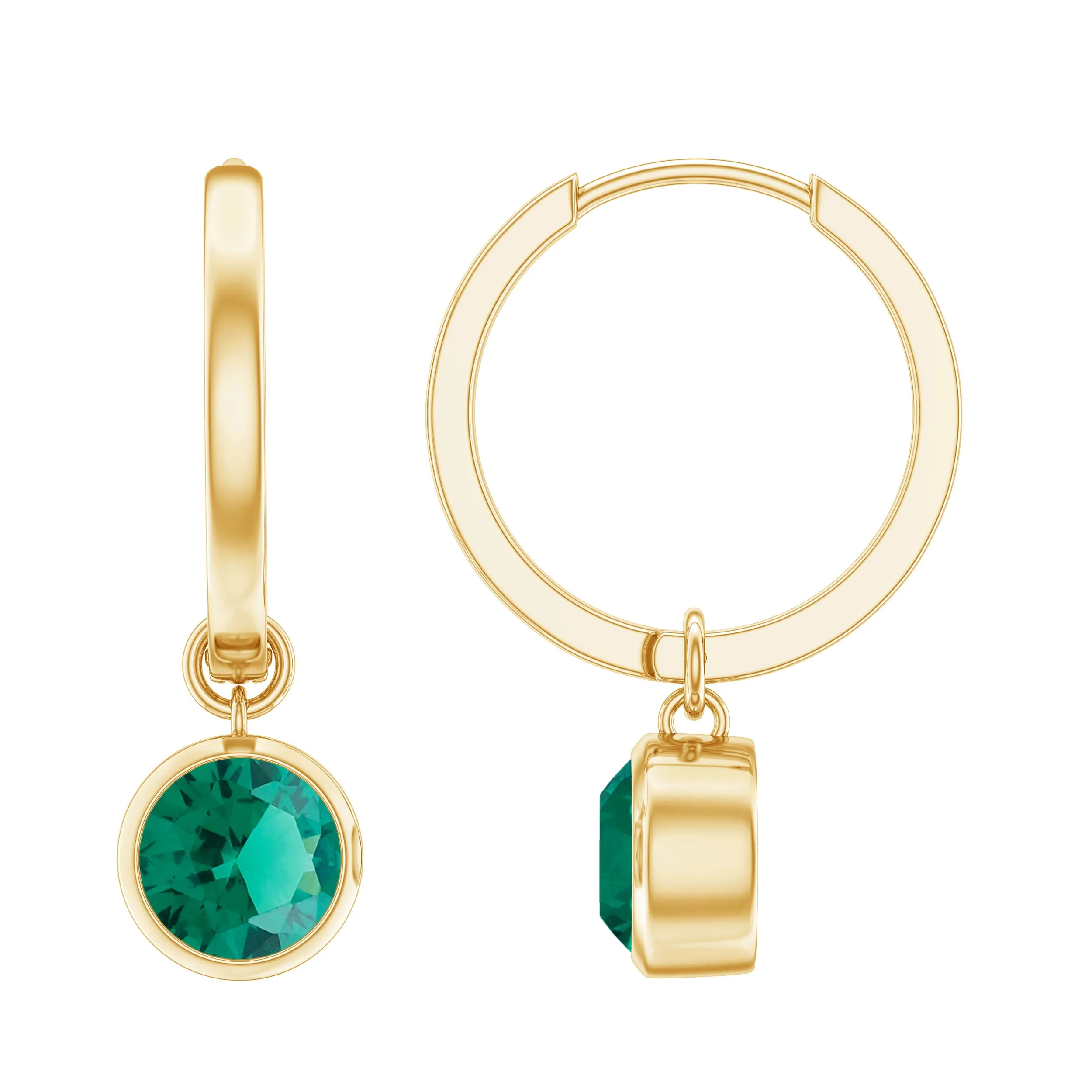 1.5 CT Bezel Set Created Emerald and Gold Hinged Hoop Earrings