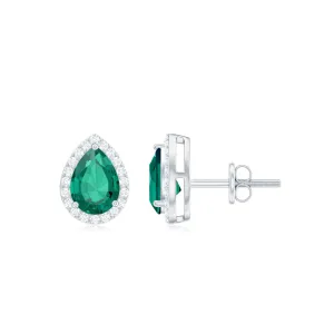1.50 CT Lab Created Emerald Teardrop Stud Earrings with Diamond Halo