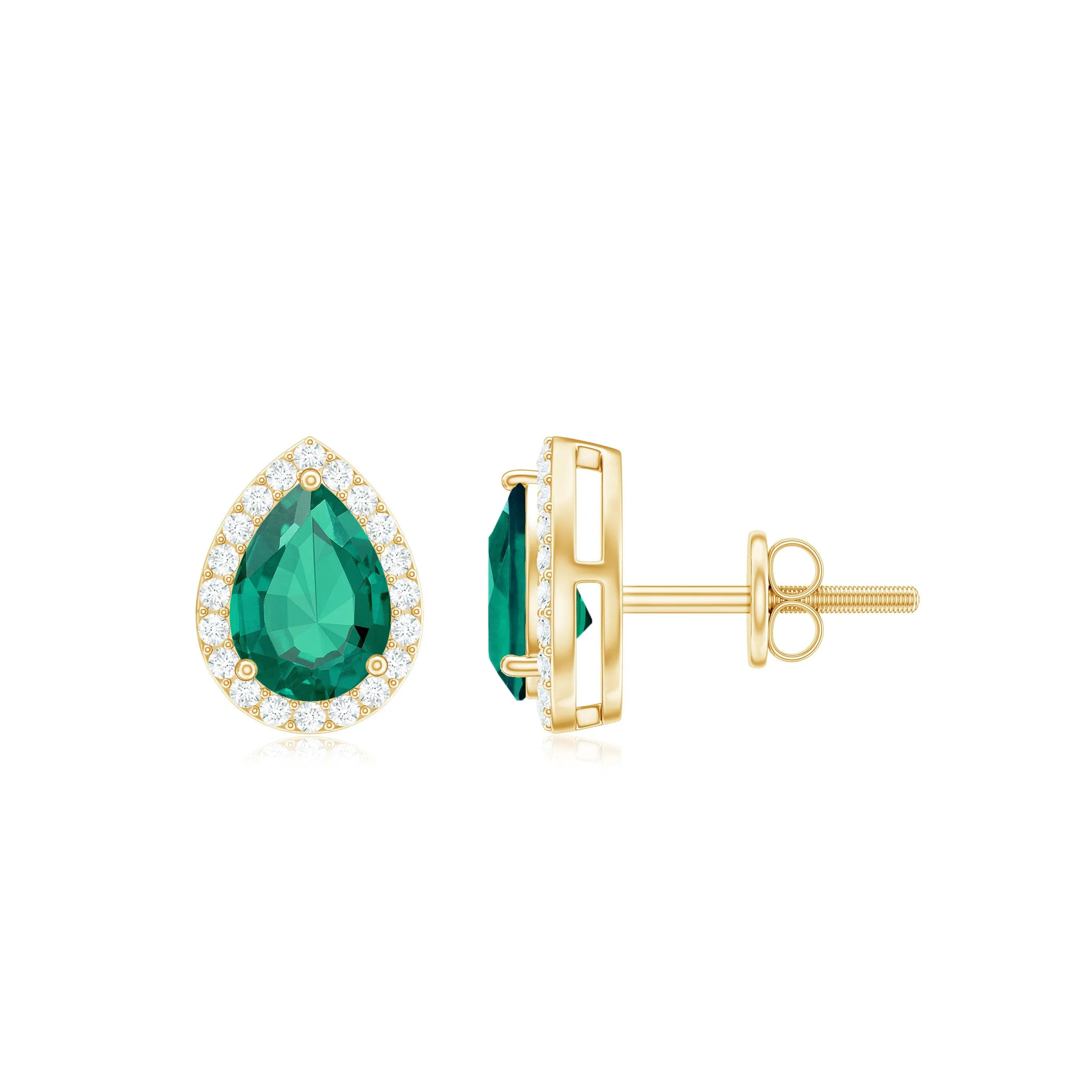 1.50 CT Lab Created Emerald Teardrop Stud Earrings with Diamond Halo
