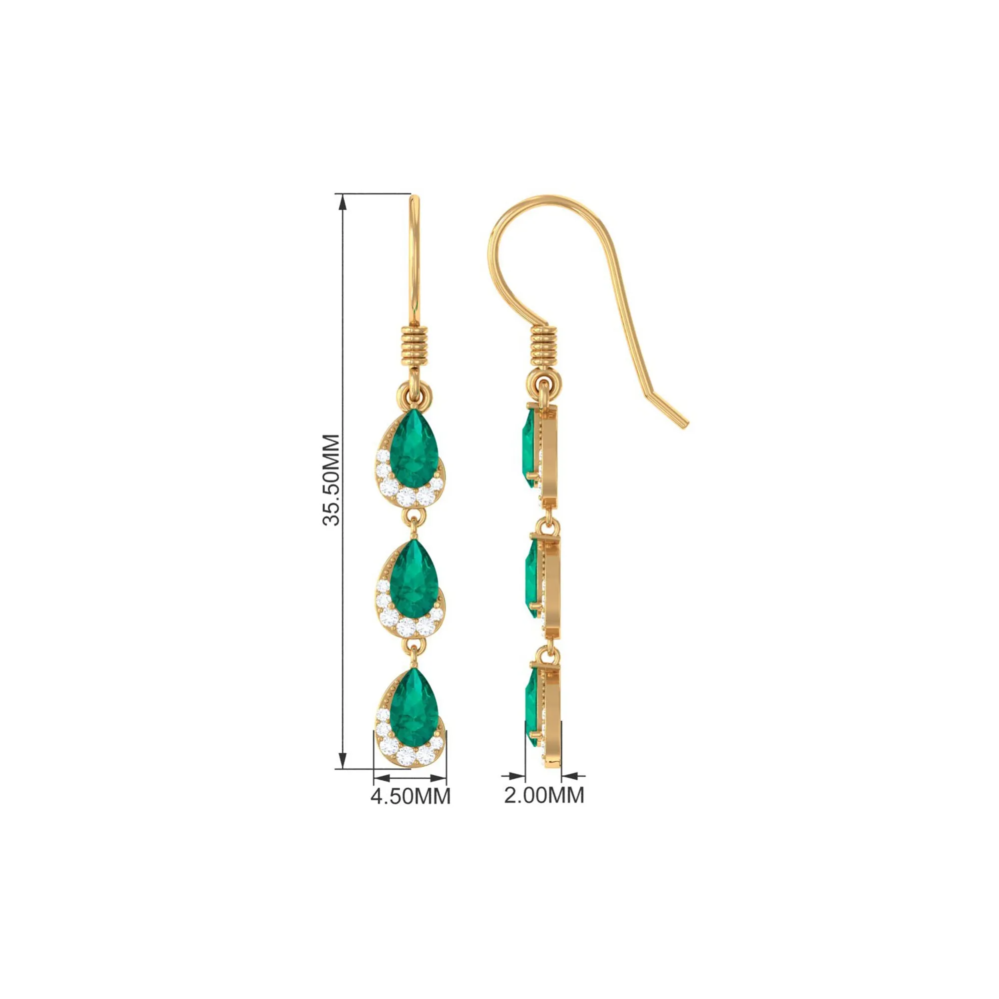 1.50 CT Pear Cut Emerald Dangle Earrings with Diamond