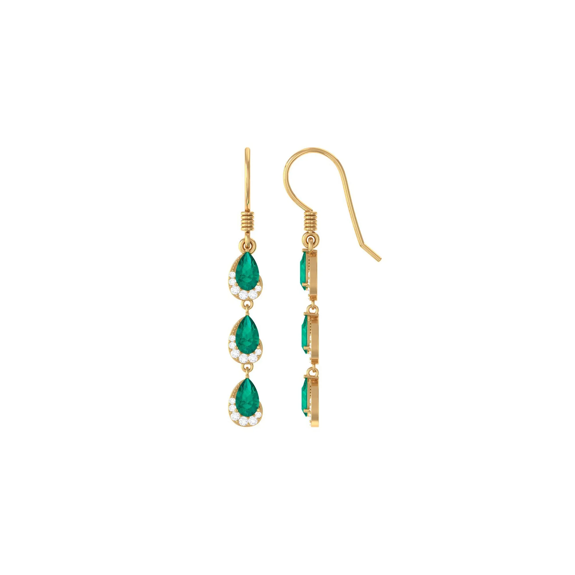 1.50 CT Pear Cut Emerald Dangle Earrings with Diamond