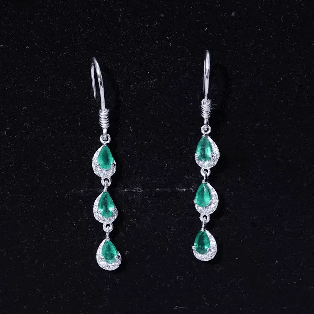 1.50 CT Pear Cut Emerald Dangle Earrings with Diamond