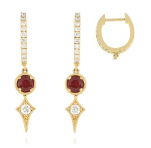 18k Yellow Gold Ruby and Diamond Drop Earrings
