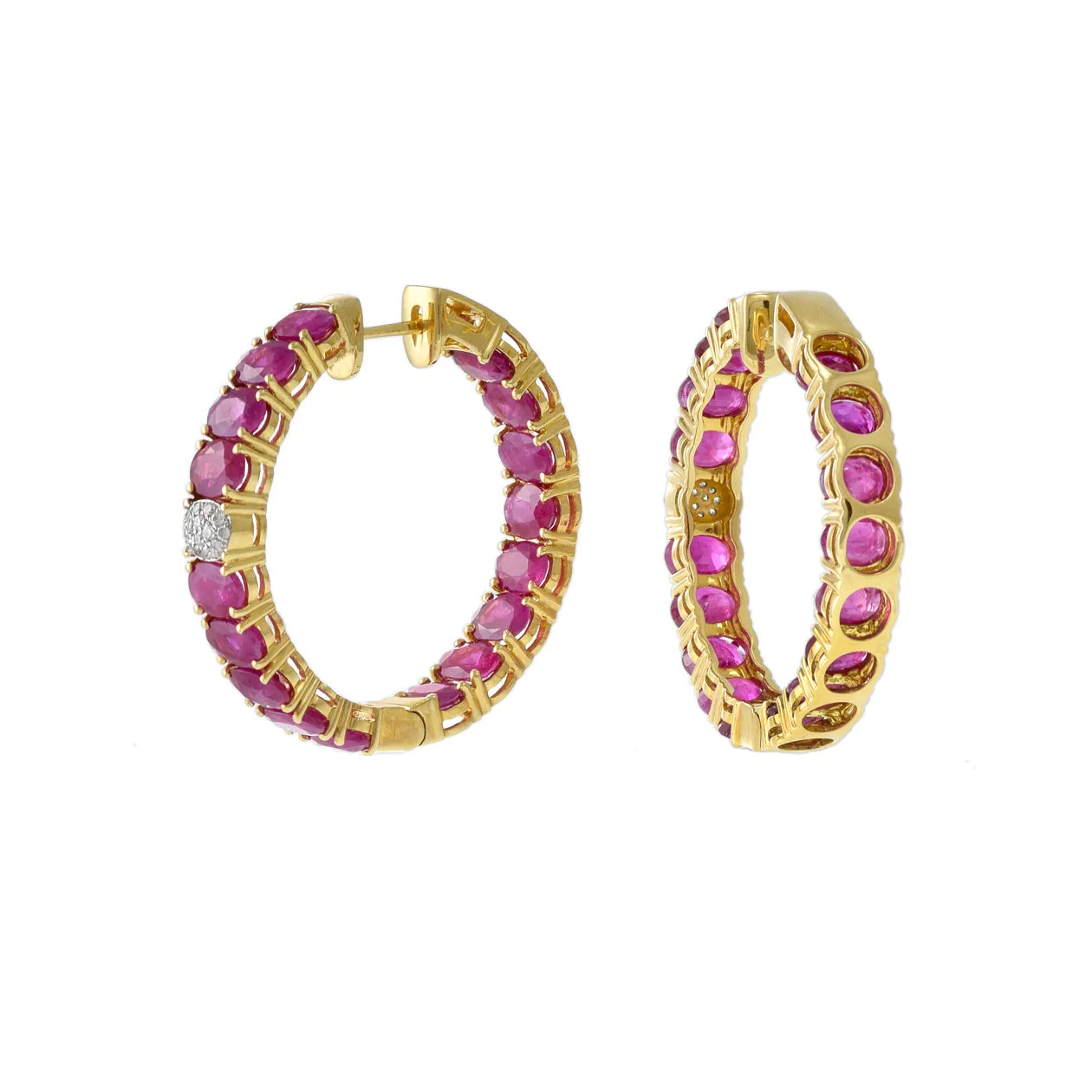 18KT Yellow Gold Oval Ruby And Diamond Hoop Earrings