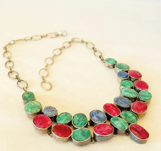 1980s - 925 stamped silver necklace with ruby, emerald & sapphire stones