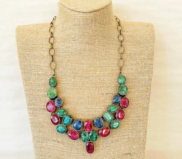 1980s - 925 stamped silver necklace with ruby, emerald & sapphire stones