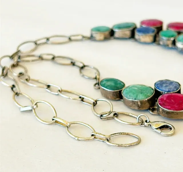 1980s - 925 stamped silver necklace with ruby, emerald & sapphire stones