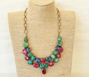 1980s - 925 stamped silver necklace with ruby, emerald & sapphire stones