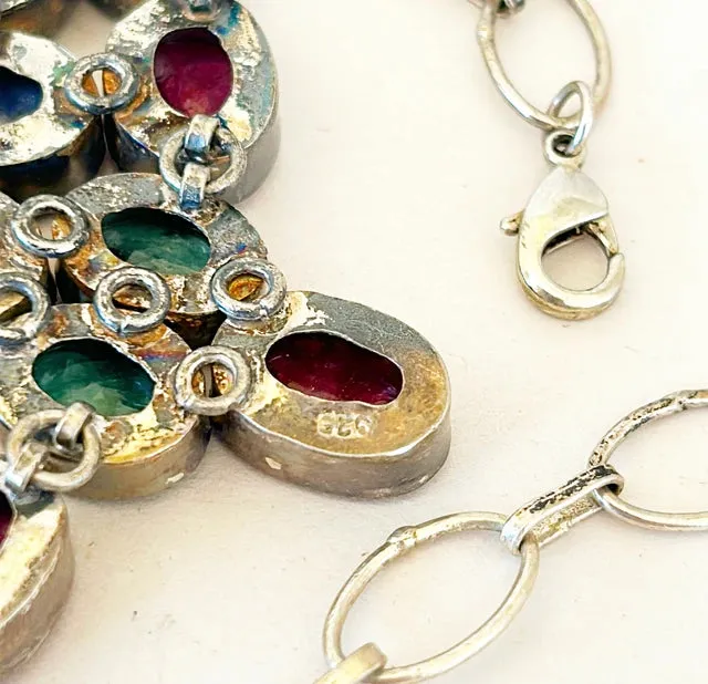 1980s - 925 stamped silver necklace with ruby, emerald & sapphire stones