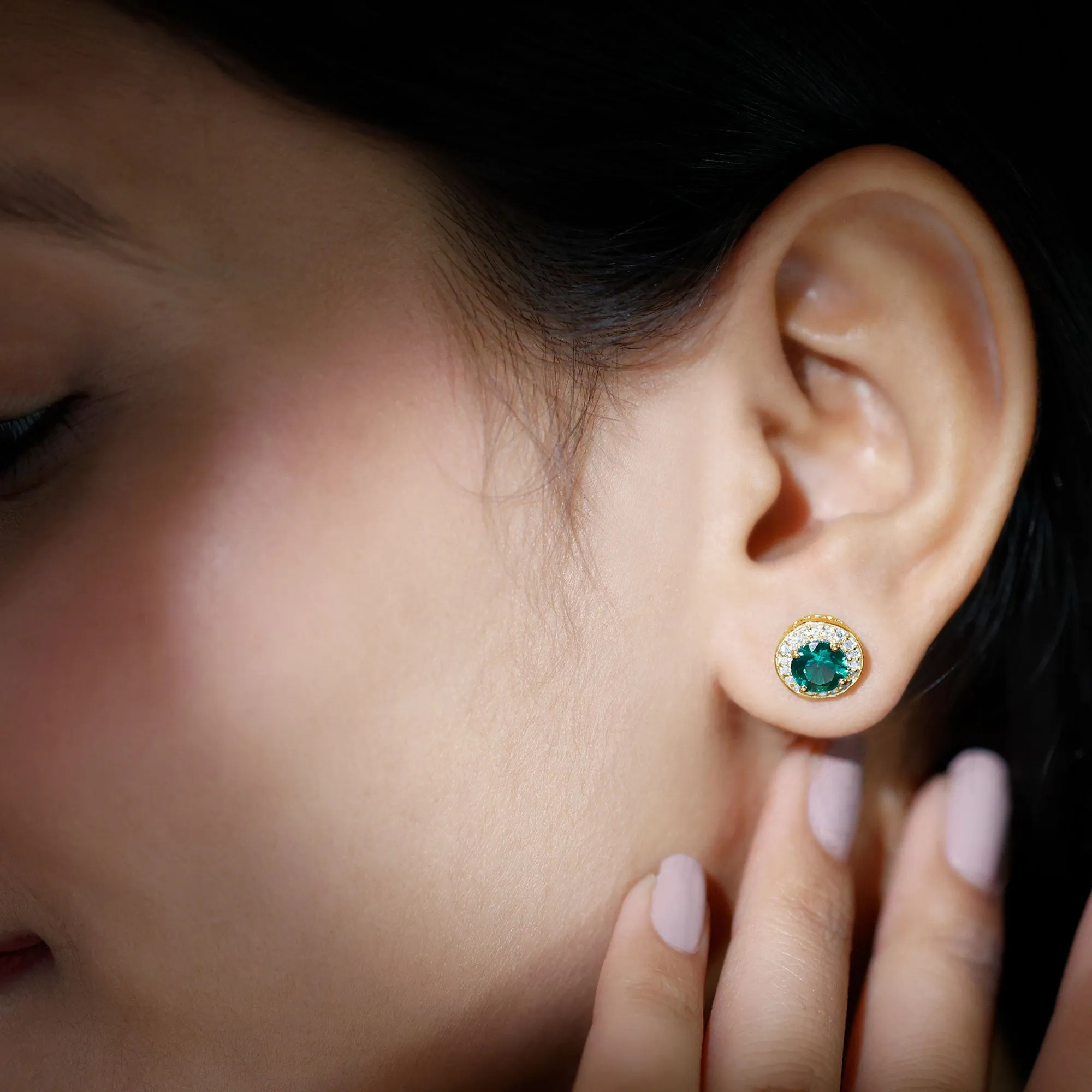 2-Carat Round Lab Created Emerald Stud Earrings With Diamond Halo