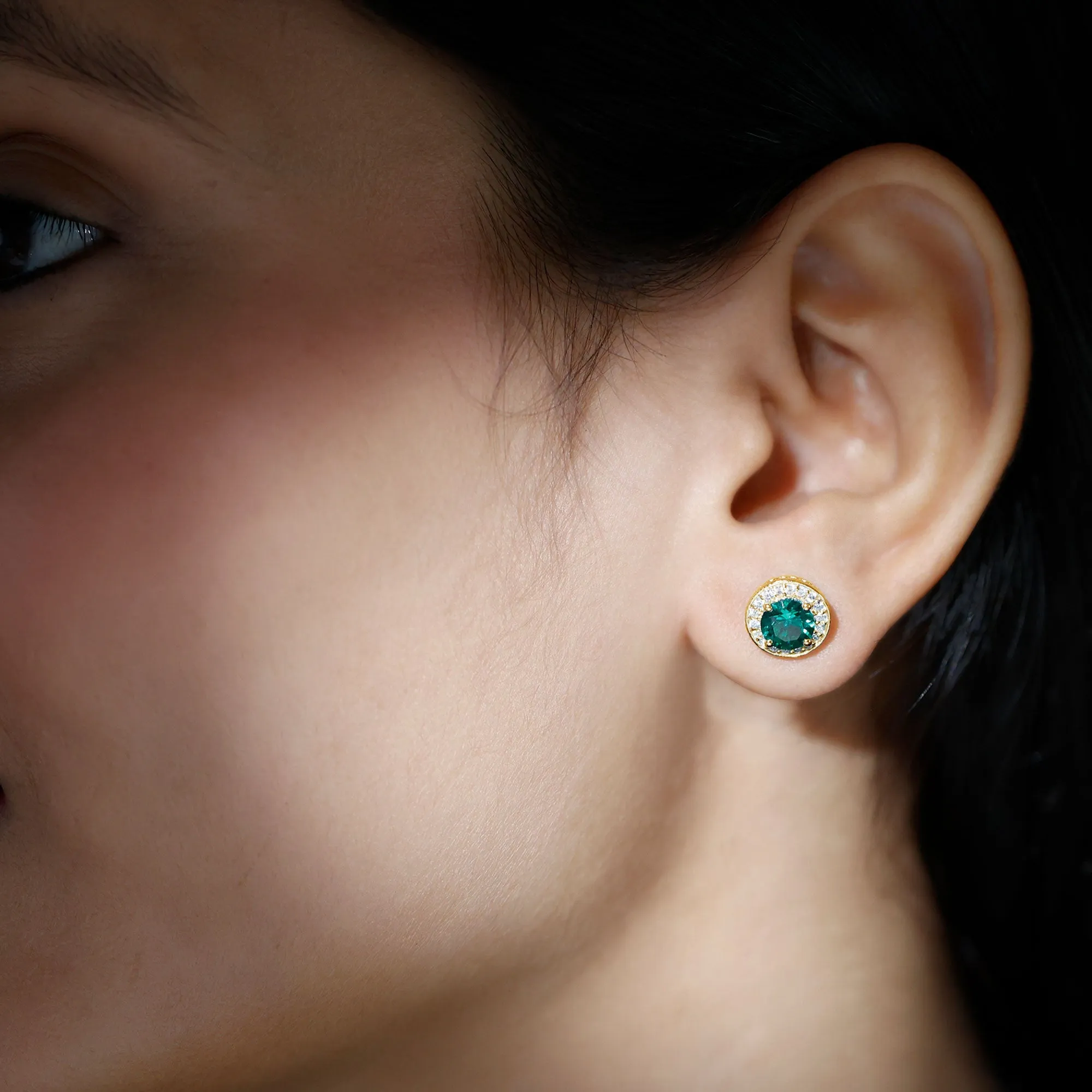 2-Carat Round Lab Created Emerald Stud Earrings With Diamond Halo