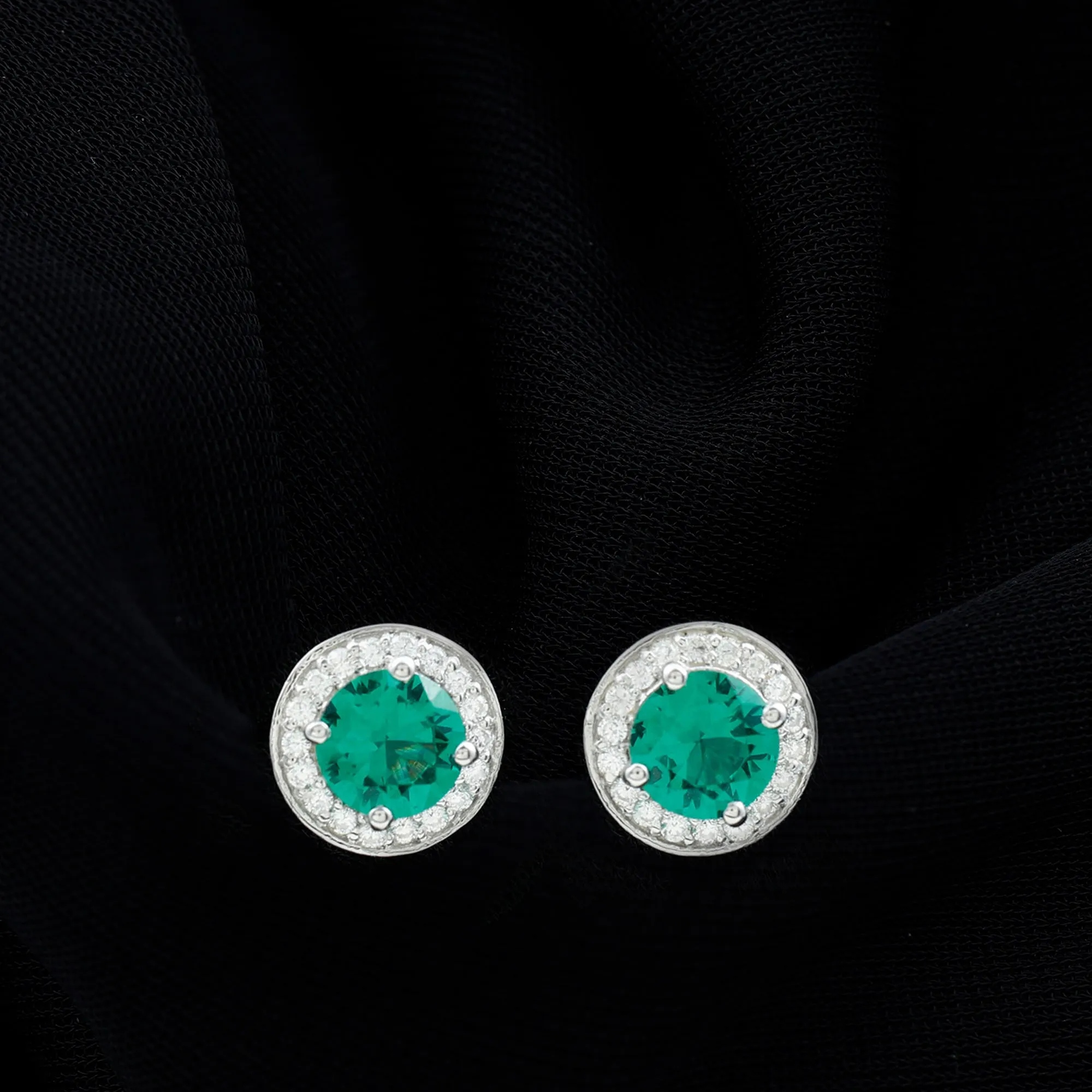 2-Carat Round Lab Created Emerald Stud Earrings With Diamond Halo