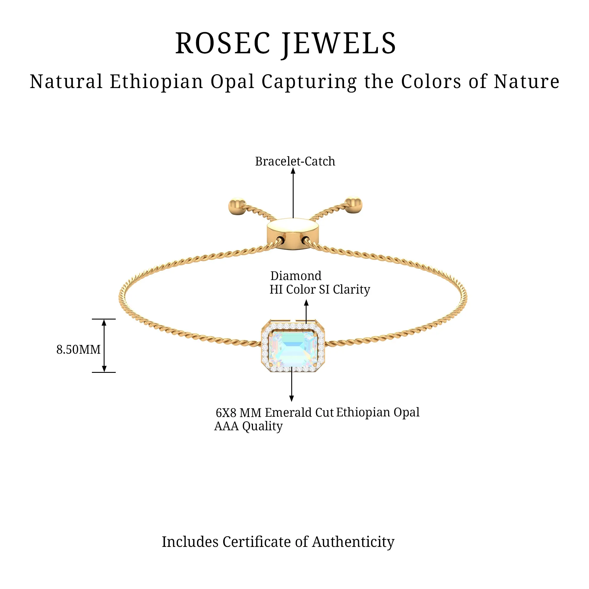 2.25 CT Octagon Cut Ethiopian Opal and Diamond Bolo Chain Bracelet