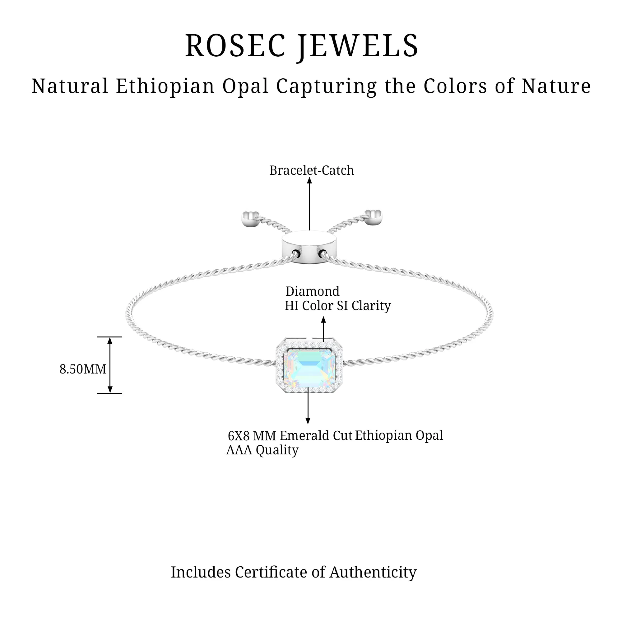 2.25 CT Octagon Cut Ethiopian Opal and Diamond Bolo Chain Bracelet