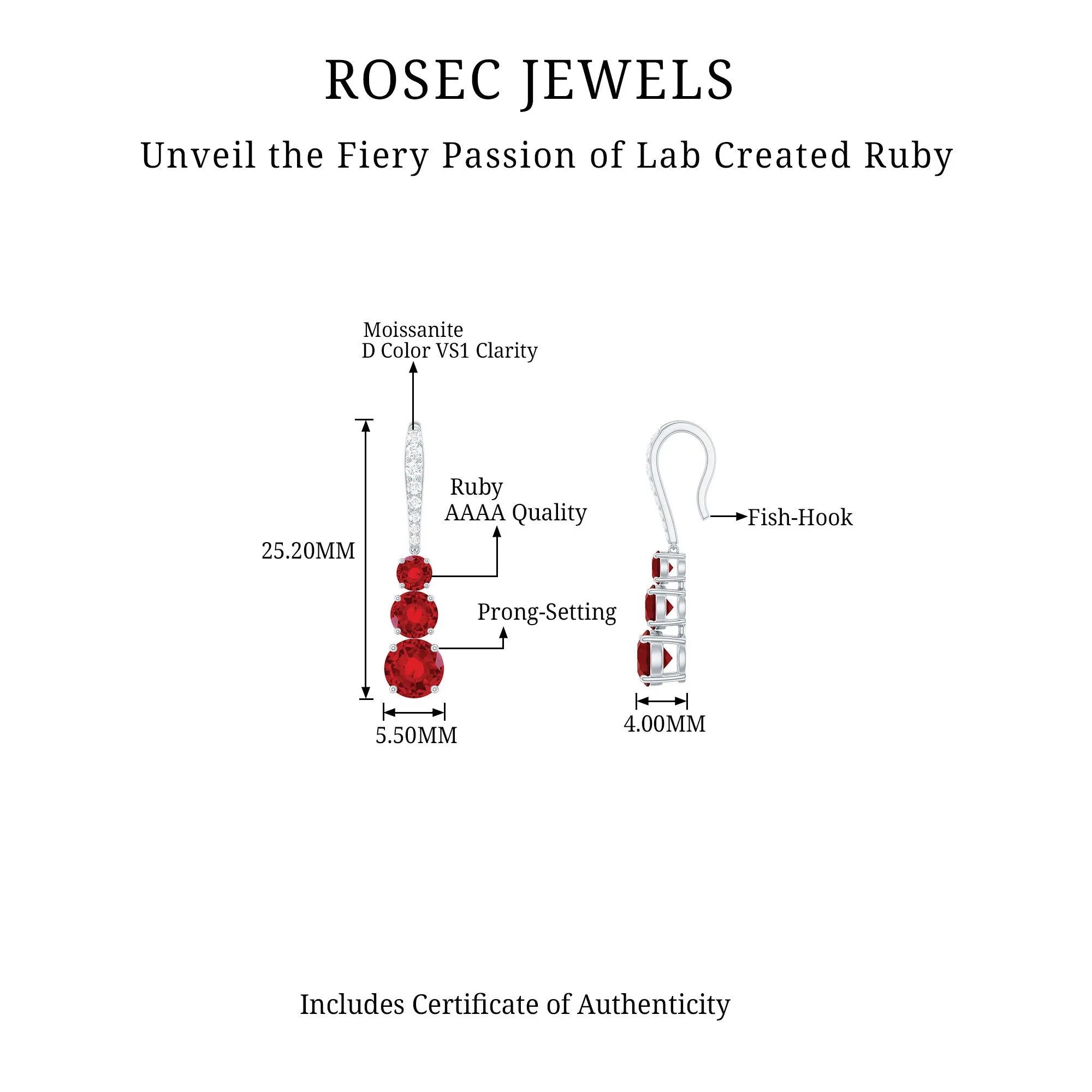 2.50 CT Lab Created Ruby Three Stone Dangle Earrings with Moissanite