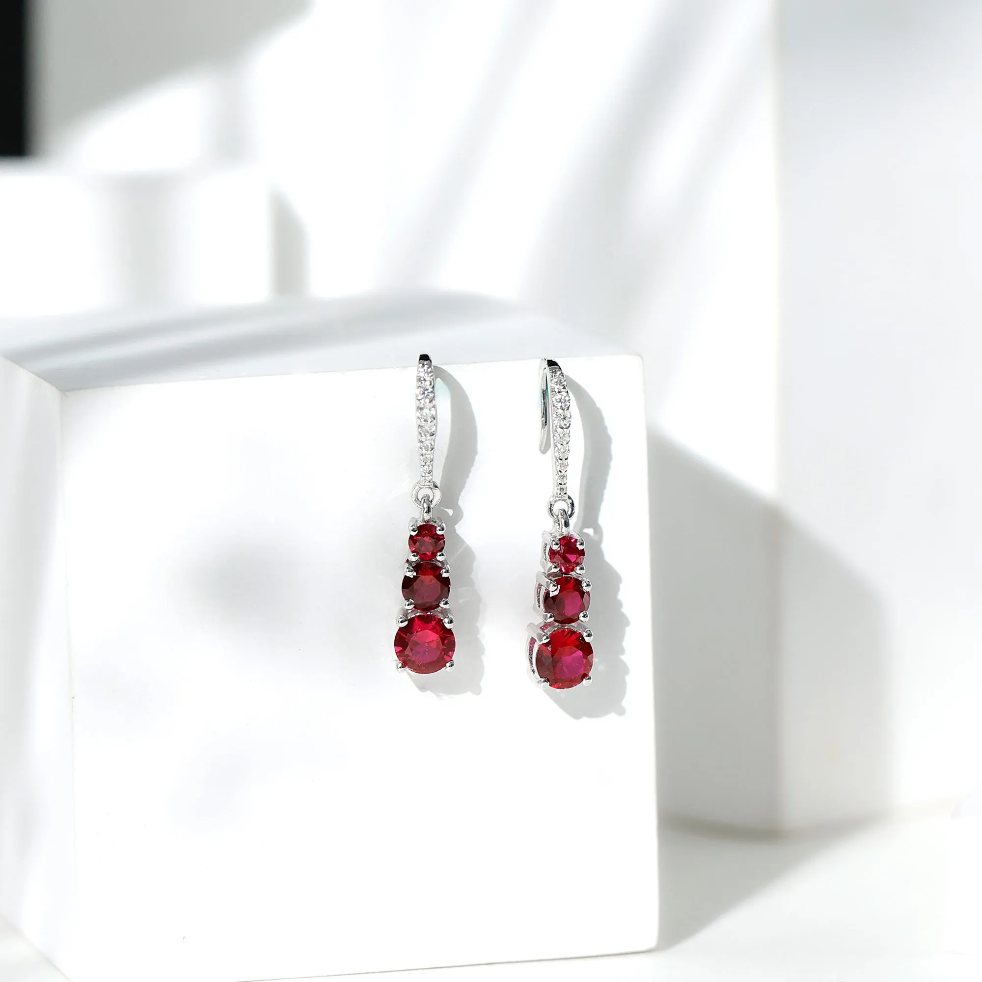 2.50 CT Lab Created Ruby Three Stone Dangle Earrings with Moissanite