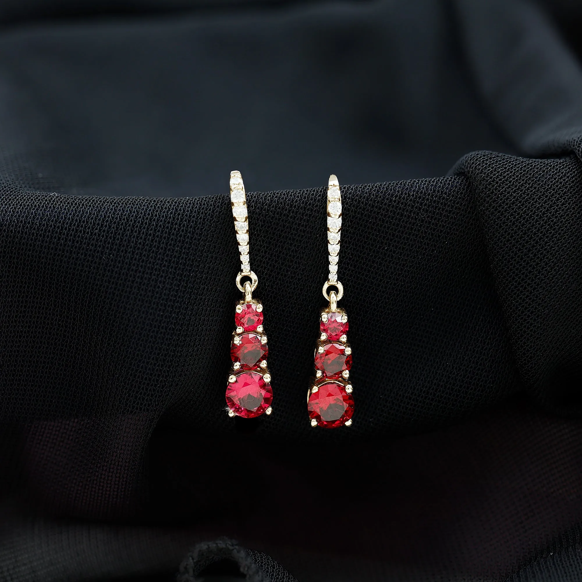 2.50 CT Lab Created Ruby Three Stone Dangle Earrings with Moissanite