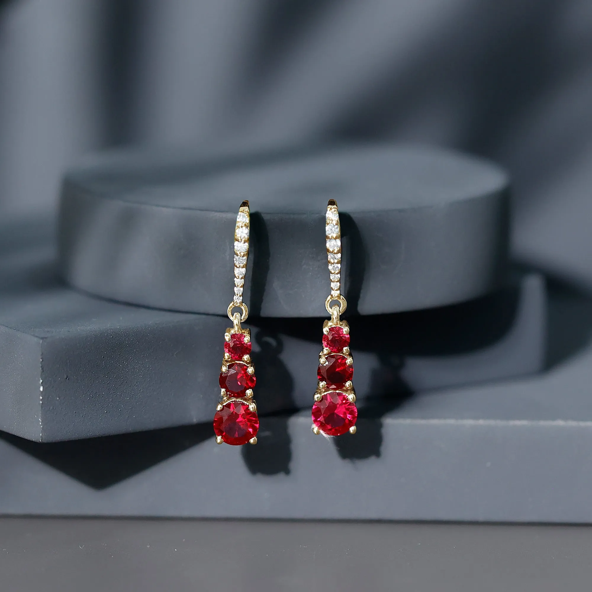 2.50 CT Lab Created Ruby Three Stone Dangle Earrings with Moissanite
