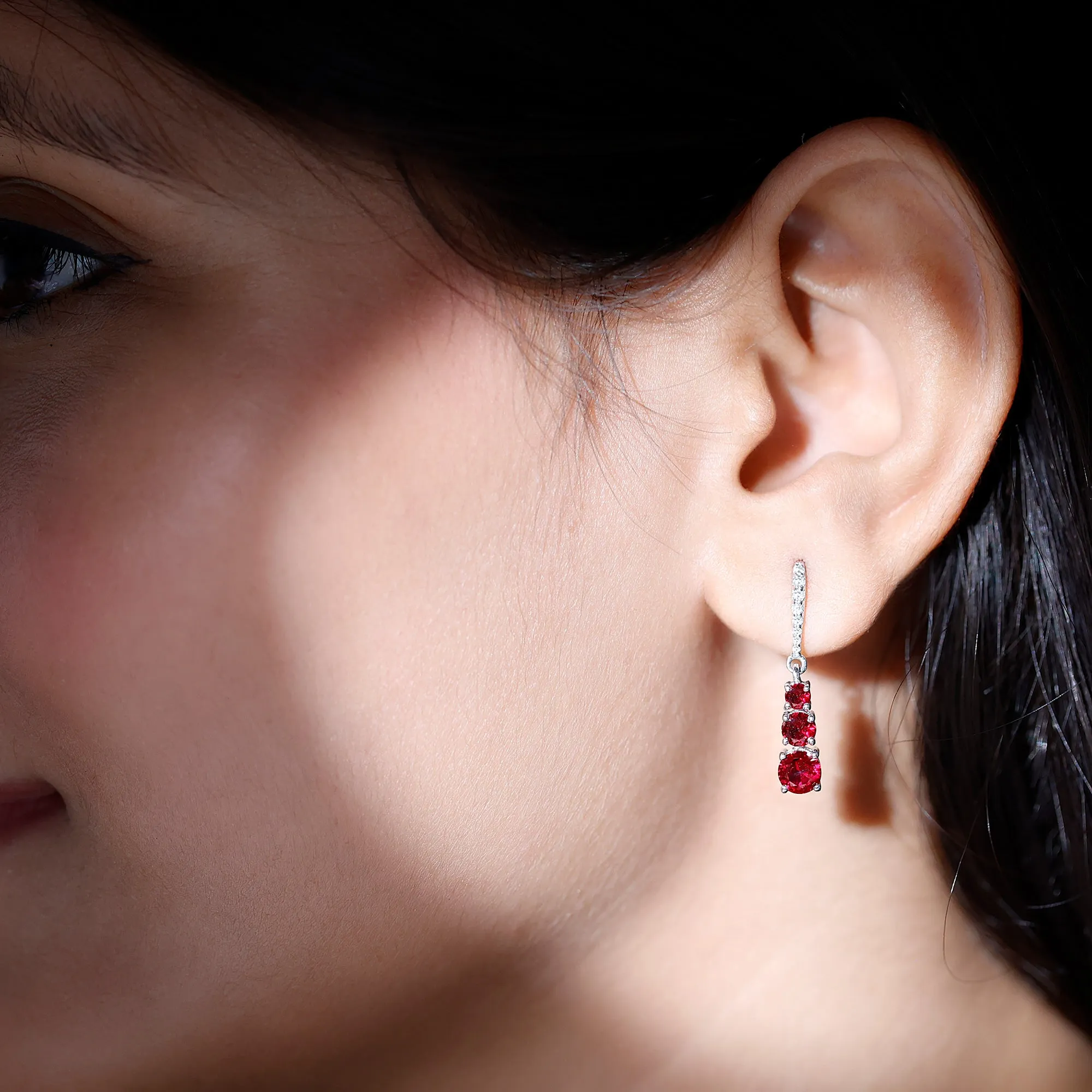2.50 CT Lab Created Ruby Three Stone Dangle Earrings with Moissanite