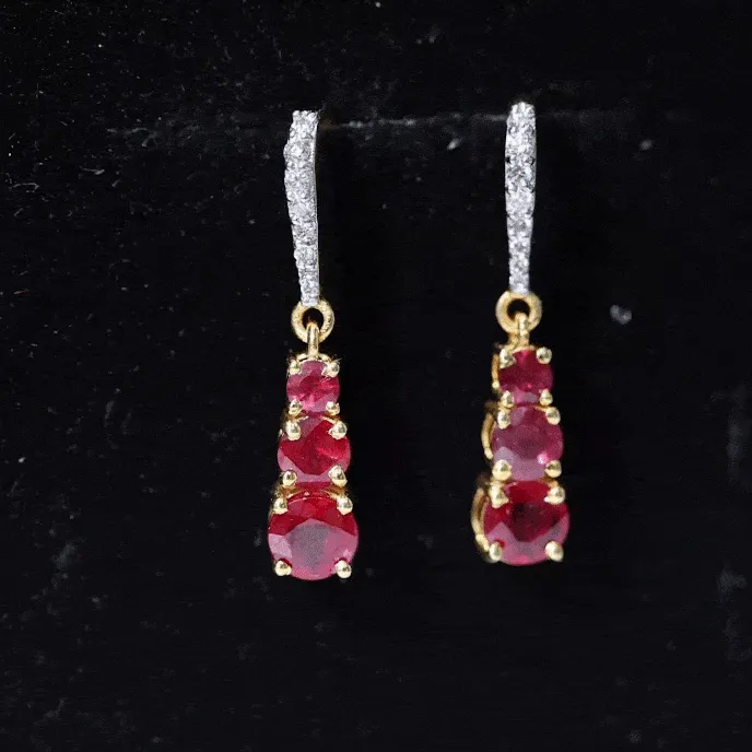 2.50 CT Lab Created Ruby Three Stone Dangle Earrings with Moissanite