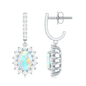2.75 CT Oval Ethiopian Opal and Moissanite Silver Sunburst J Hoop Drop Earrings