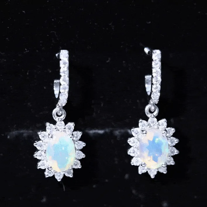 2.75 CT Oval Ethiopian Opal and Moissanite Silver Sunburst J Hoop Drop Earrings
