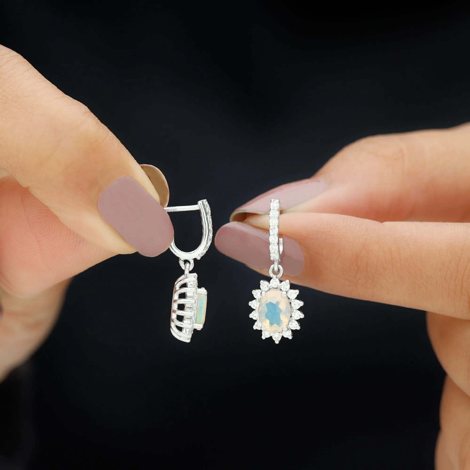 2.75 CT Oval Ethiopian Opal and Moissanite Silver Sunburst J Hoop Drop Earrings