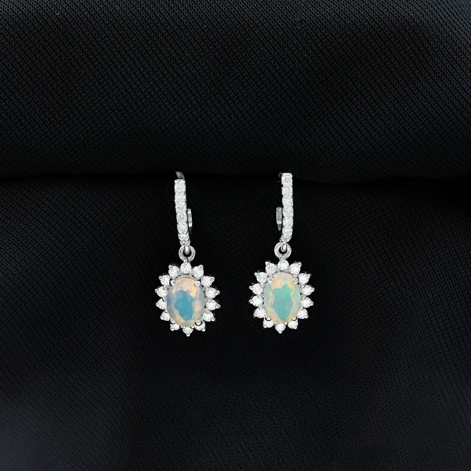 2.75 CT Oval Ethiopian Opal and Moissanite Silver Sunburst J Hoop Drop Earrings