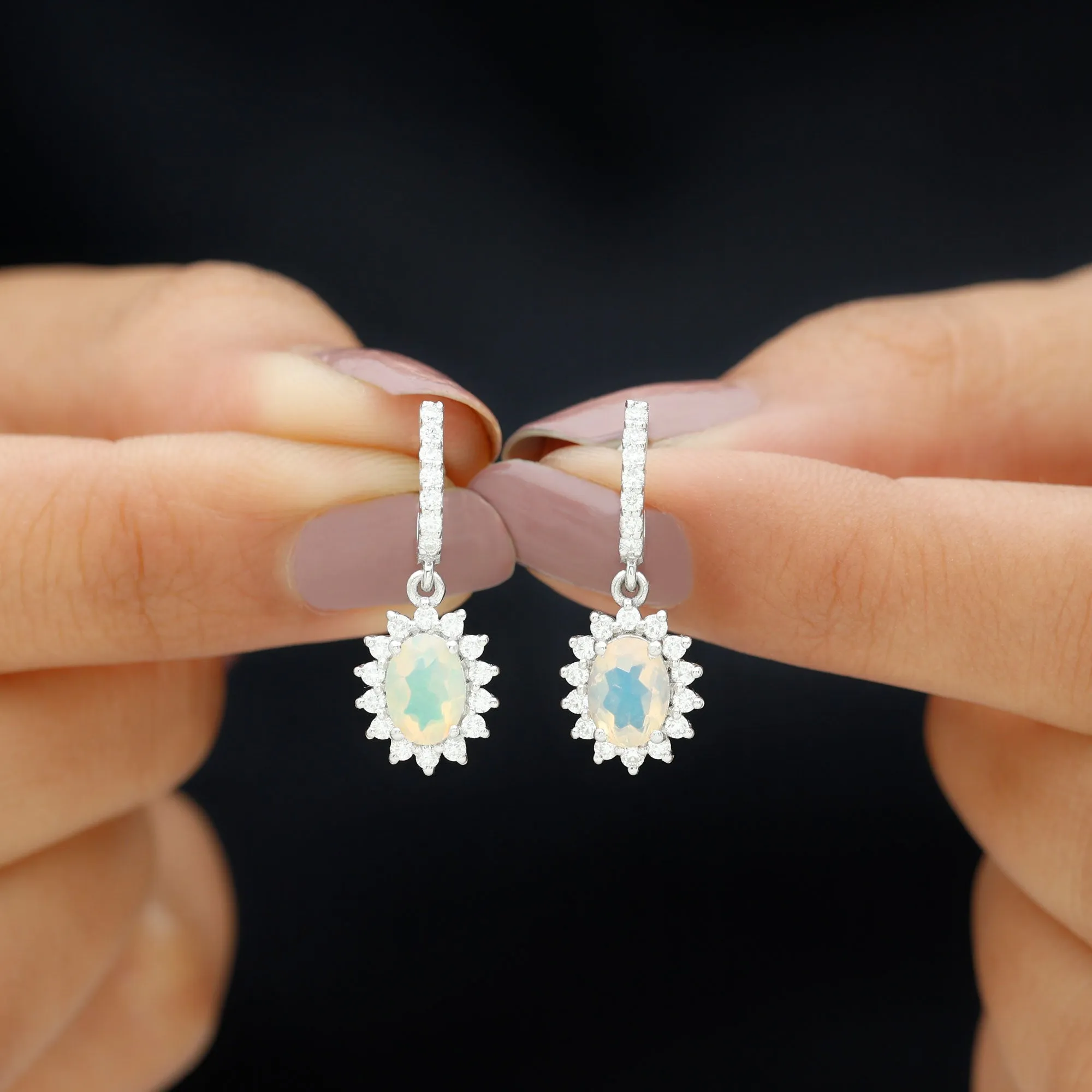 2.75 CT Oval Ethiopian Opal and Moissanite Silver Sunburst J Hoop Drop Earrings