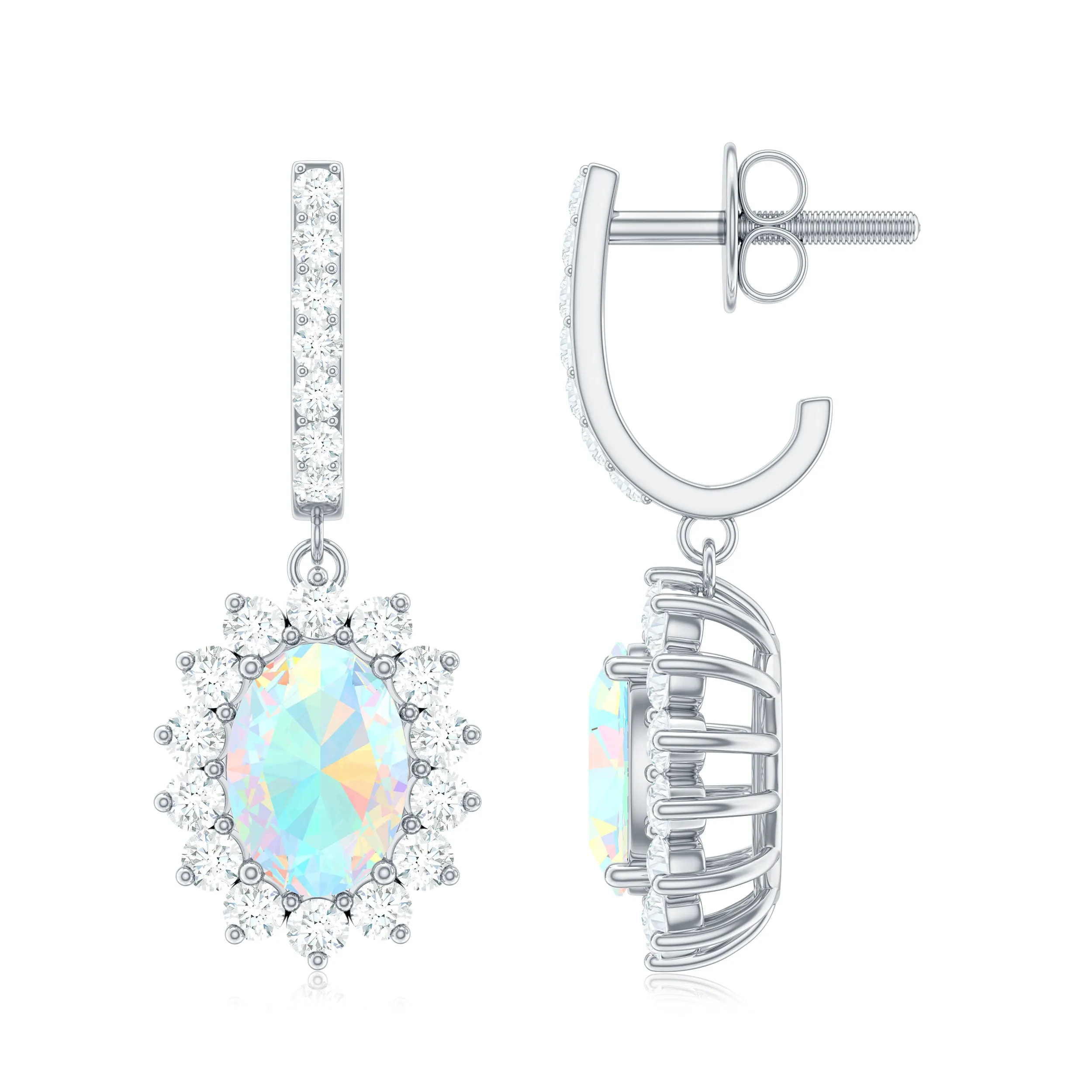 2.75 CT Oval Ethiopian Opal and Moissanite Silver Sunburst J Hoop Drop Earrings