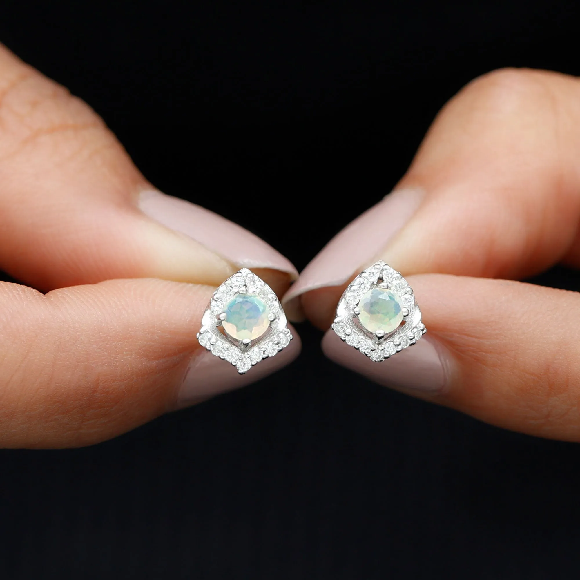 3/4 CT Ethiopian Opal Stud Earrings with Moissanite Accent