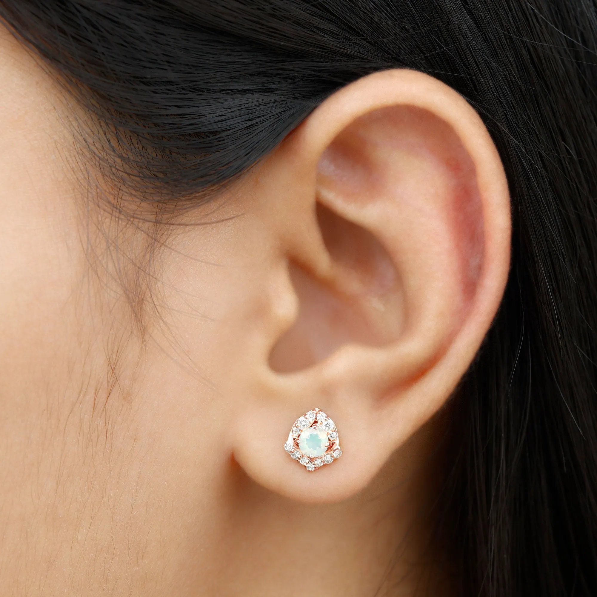 3/4 CT Ethiopian Opal Stud Earrings with Moissanite Accent